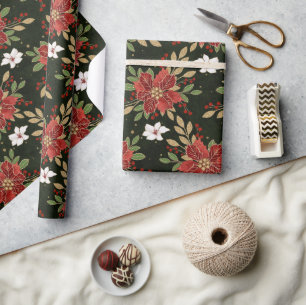 Papel De Presente Poinsettia de Inverno Elegante em Fundo Escuro