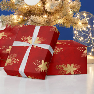 Papel De Presente Poinsettia de Inverno Vermelha e Dourada Festiva e