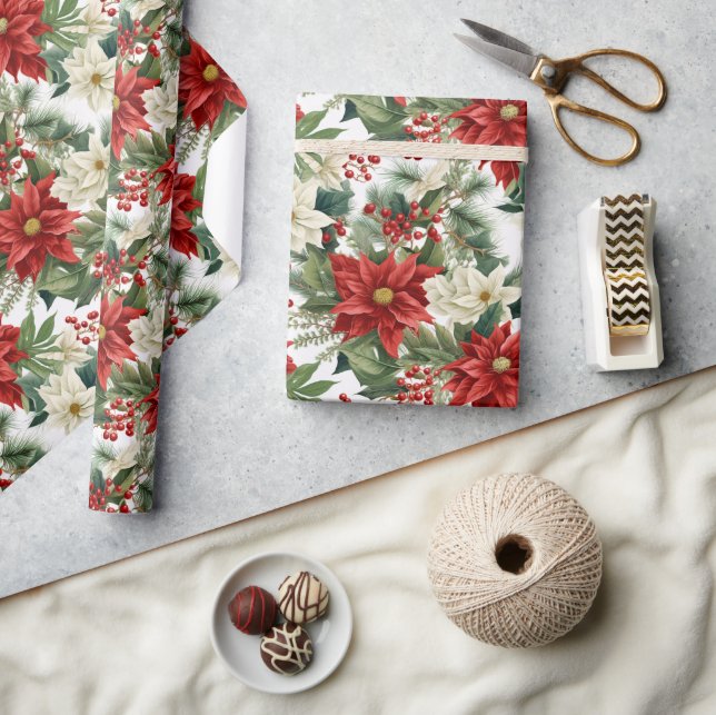 Papel De Presente Poinsettia de Natal – Design Floral de Feriado (Artesanato)