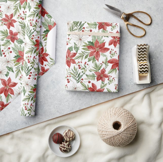 Papel De Presente Poinsettia de Natal em Vermelho e Branco  (Artesanato)