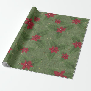 Papel De Presente poinsettia de natal vermelha com folhas verdes