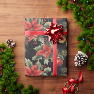 Papel De Presente Poinsettia de Natal Vermelha, Dourada e Preta  