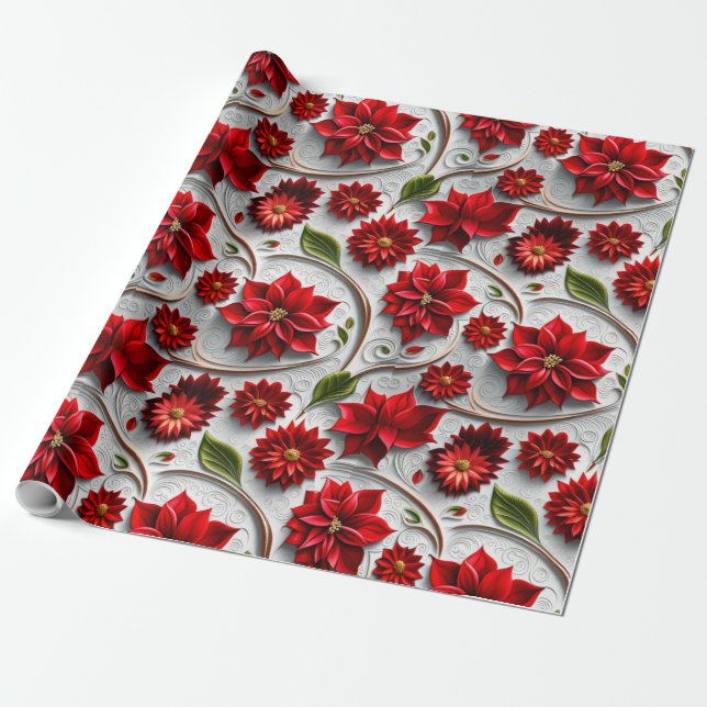 Papel De Presente Poinsettia e Folhas (Desenrolado)