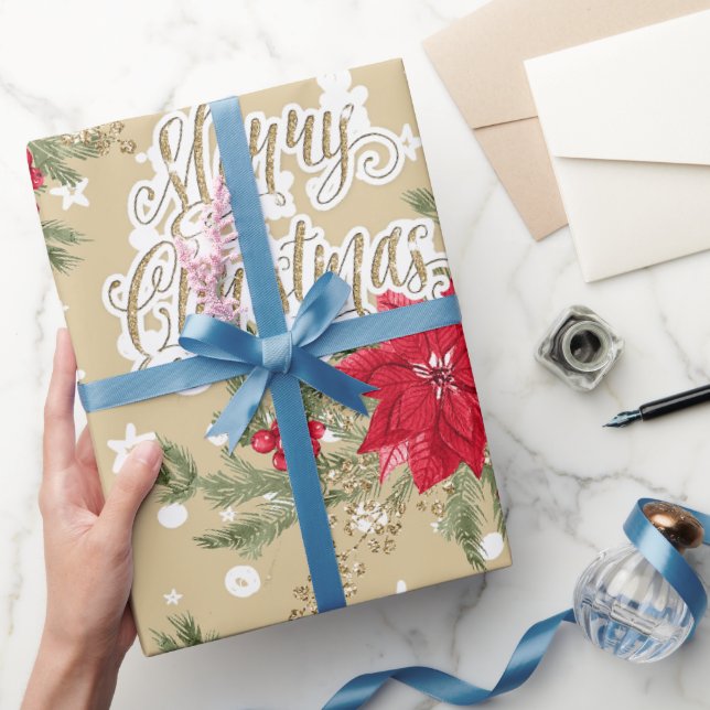 Papel De Presente Poinsettia e Holly Berries Natal (Presentear)