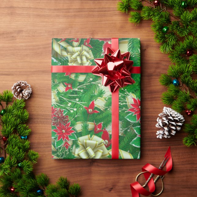 Papel De Presente Poinsettia Fir Deixa Fitas Fitas Natal Floral | (Presente de Natal)