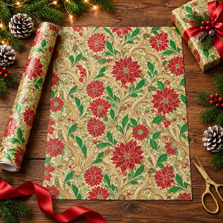 Papel De Presente Poinsettia Floral Vermelha Natalina Vitoriana Anti