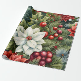 Papel De Presente Poinsettia & Holly Berries