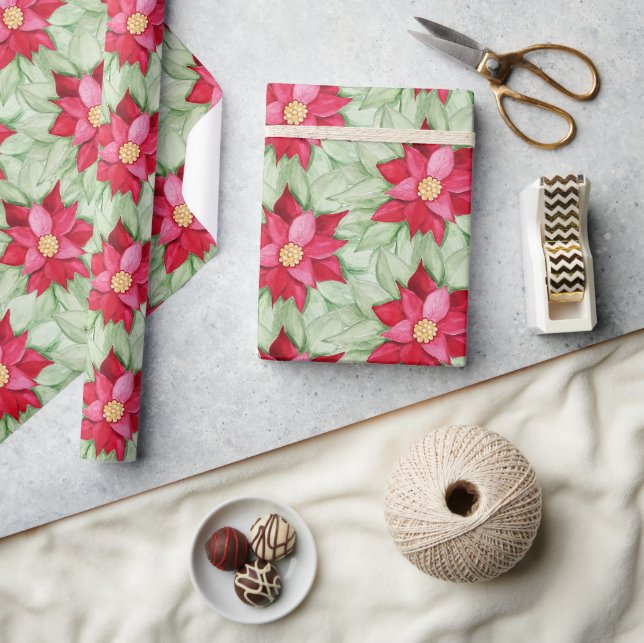 Papel De Presente Poinsettia Natal Pintado com Aquarela (Artesanato)