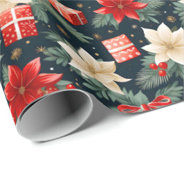 Papel De Presente Poinsettia Rich Reds & Cream Bonito Presente de Na