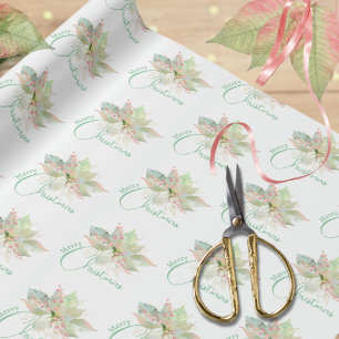Papel De Presente Poinsettia Rosa Dourada Sage Pastel Feliz Natal
