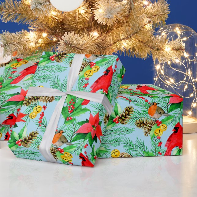 Papel De Presente Poinsettia Spruce Branches Cones Robin Cardinals (Feriados)