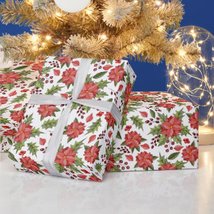 Papel De Presente Poinsettia Vermelha de Natal e Bagas