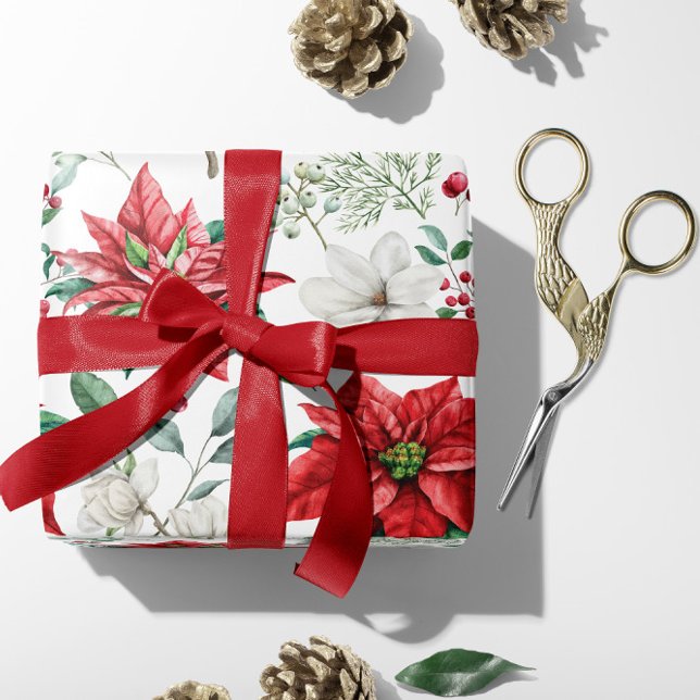 Papel De Presente Poinsettia Vermelha e Branca, Berries, Holly Chris (Red and White Poinsettia Traditional Christmas Wrapping Paper)