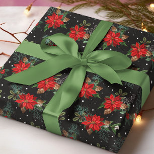 Papel De Presente Poinsettia Vermelha Pinha de Natal Floral de Inver