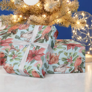Papel De Presente Poinsettia Vermelha Vintage Cardinal Birds Natal