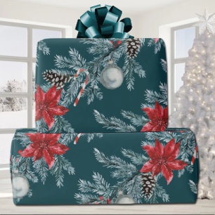 Papel De Presente Poinsettias Christmas Blue Spruce Garland Teal