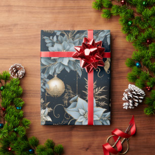 Papel De Presente Poinsettias de Enfeites de natal azuis e Dourados