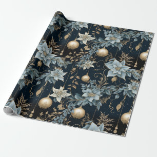 Papel De Presente Poinsettias de Enfeites de natal azuis e Dourados
