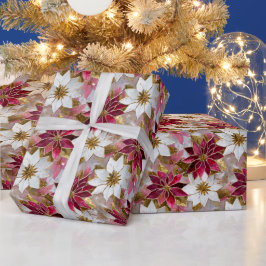 Papel De Presente Poinsettias de Natal Rosa Douradas Brancas