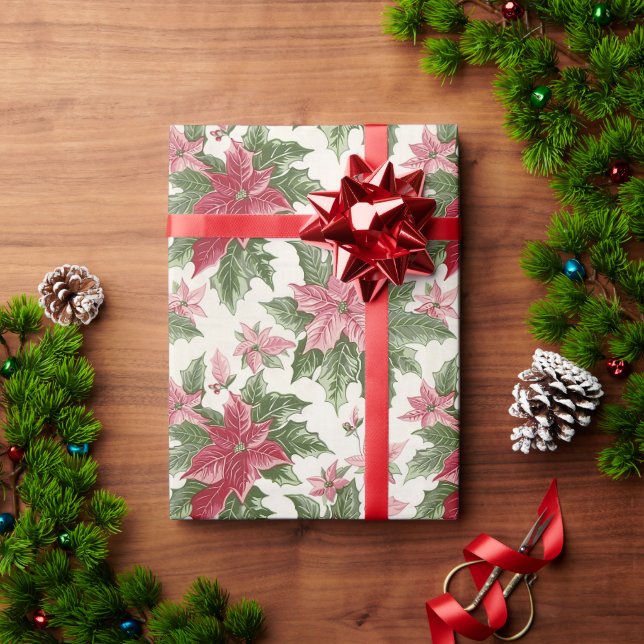 Papel De Presente Poinsettias de Natal Rosa e Vermelho (Presente de Natal)
