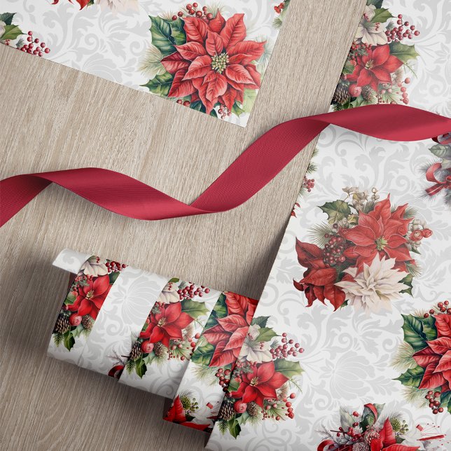 Papel De Presente Poinsettias e Damask de Natal Elegante (Criador carregado)