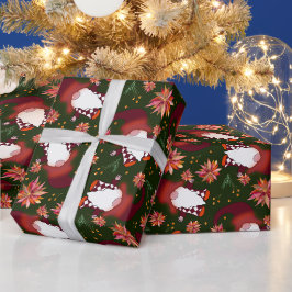 Papel De Presente Poinsettias e Gnomos no Natal Verde Negro