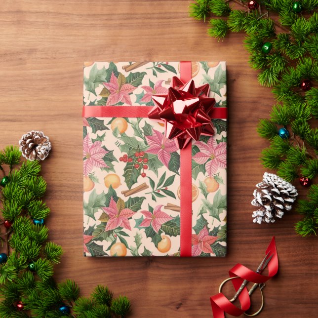 Papel De Presente Poinsettias, Laranjas E Canela (Presente de Natal)