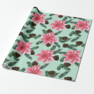 Papel De Presente Poinsettias Rosa em Verde