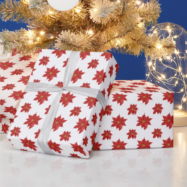 Papel De Presente Poinsettias Vermelhas Sobre Branco  (Feriados)