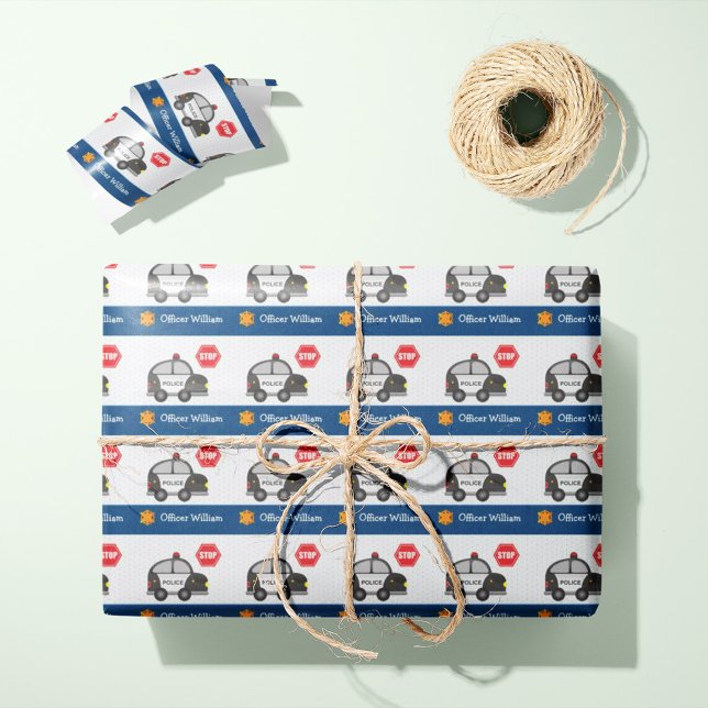 Papel De Presente Policial de Menino e Festa de aniversário de Carro (Your little police officer will love this personalized wrapping paper!)