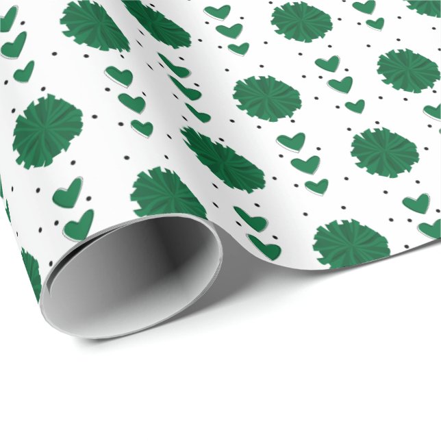 Papel De Presente Pom Verde Pom Poms & Heart Pattern (Ponta do rolo)
