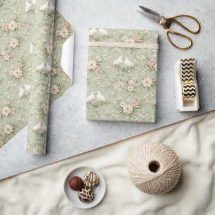 Papel De Presente Pombas de Casamento com Rosas e Fitas