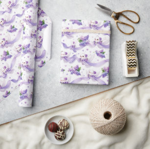 Papel De Presente Pombas de Casamento Fofas com Lilases e Fitas