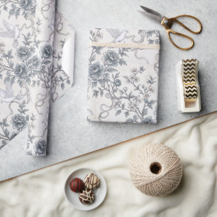 Papel De Presente Pombas e Flores de Peônia com Fitas