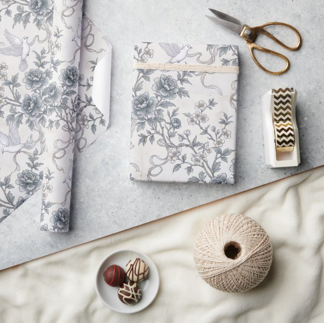 Papel De Presente Pombas e Flores de Peônia com Fitas (Artesanato)