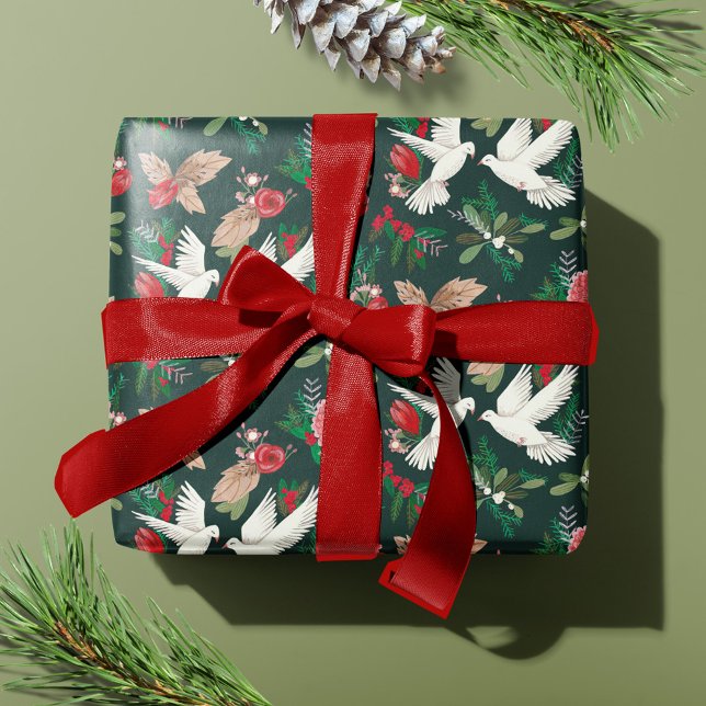 Papel De Presente Pombas Paz na Terra padrão floral verde (Peace on Earth Doves green Floral pattern Wrapping Paper)