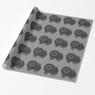 Papel De Presente Pomerânia Negra Padrão De Cães Na Cinza