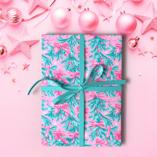 Papel De Presente Pomos e ornamentos de Natal rosa e mint