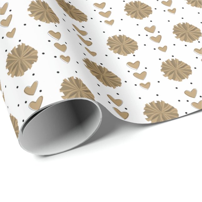 Papel De Presente Poms de Cheerleader Dourado e padrão de coração (Ponta do rolo)