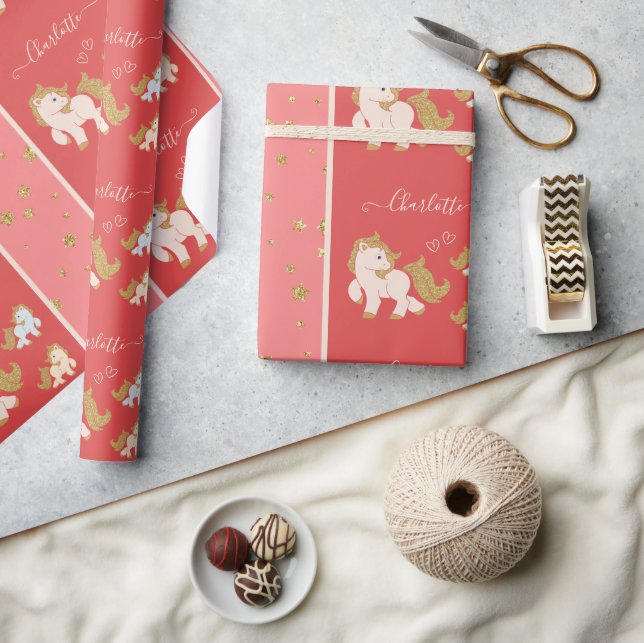 Papel De Presente Pôneis brilhantes cor-de-rosa com nome pequeno (Artesanato)