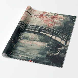 Papel De Presente Ponte da Flor de Cerejeira Paisagem Sumi-E