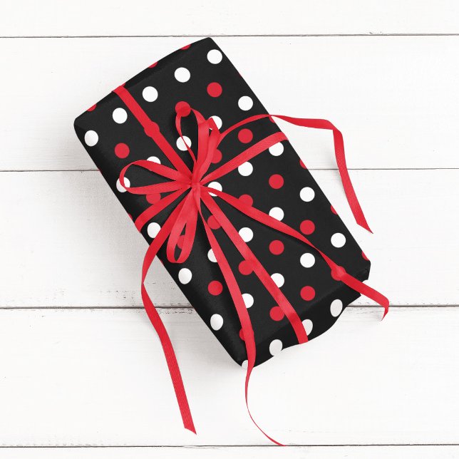 Papel De Presente Ponto Preto Vermelho e Branco (Black Red and White Polka Dot Wrapping Paper)