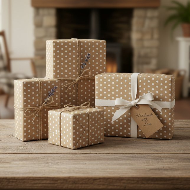 Papel De Presente Pontos Brancos Simples em Kraft Marrom Rústico Fal (Criador carregado)