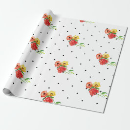 Papel De Presente Pontos Clássicos e Flores Amarelas Vermelhas