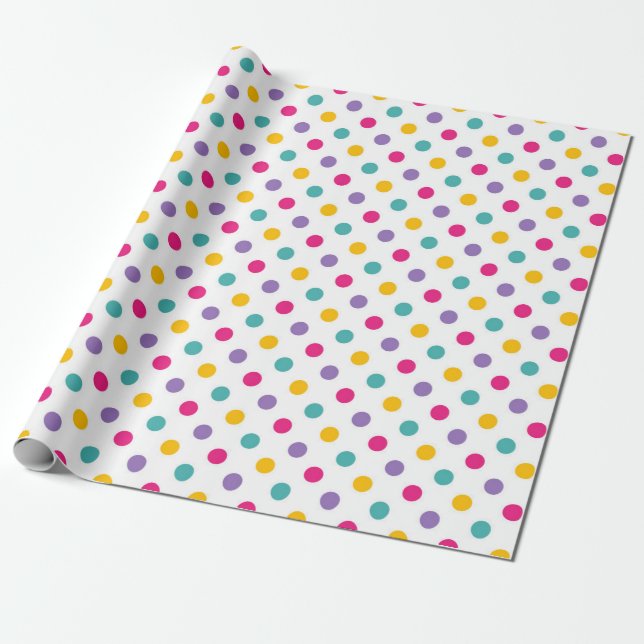 Papel De Presente Pontos Coloridos Alegres em Fundo Branco (Desenrolado)