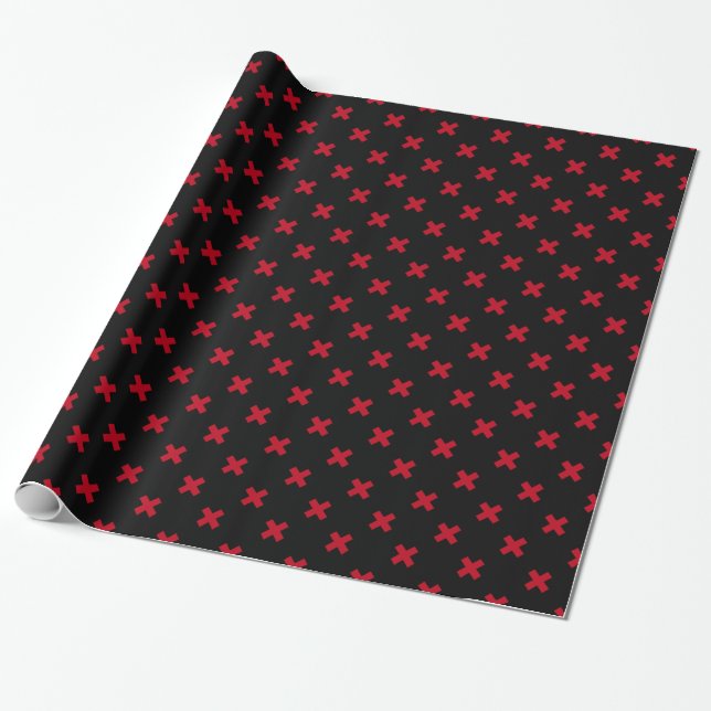 Papel De Presente Pontos de cruz vermelhos em preto (Desenrolado)