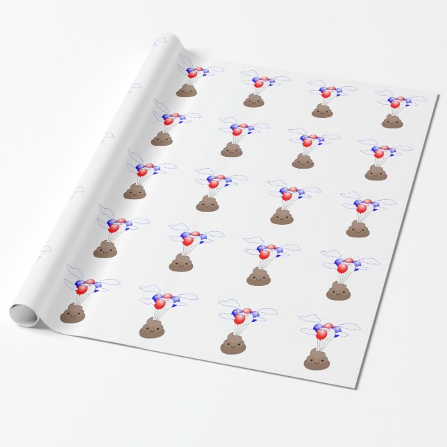 Papel De Presente Poo Emoji Voando Com Balões (Desenrolado)