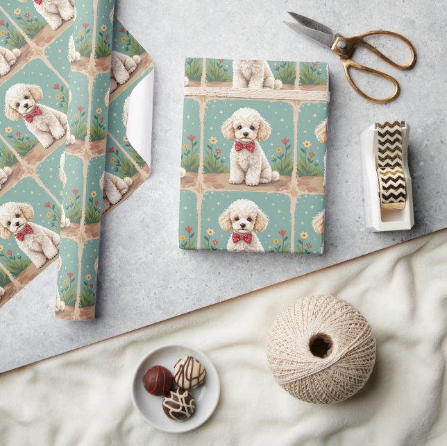 Papel De Presente Poodle branco adorável com gravata borboleta (Artesanato)