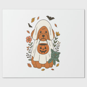 Papel De Presente Poodle de Halloween com Flores de Outono