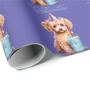 Papel De Presente Poodle Feliz de Aniversário com o Chapéu do Partid